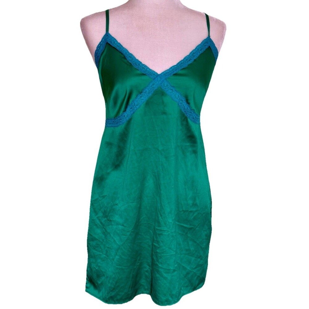 Women Satin Lace Trim Nightgown Slip‎ Dress Green Spaghetti Strap Sleepwear XS